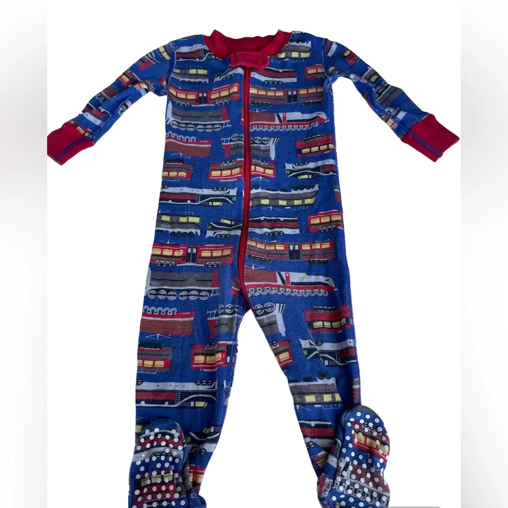 Hanna Andersson infant 6-12 Months blue train themed footie Pj